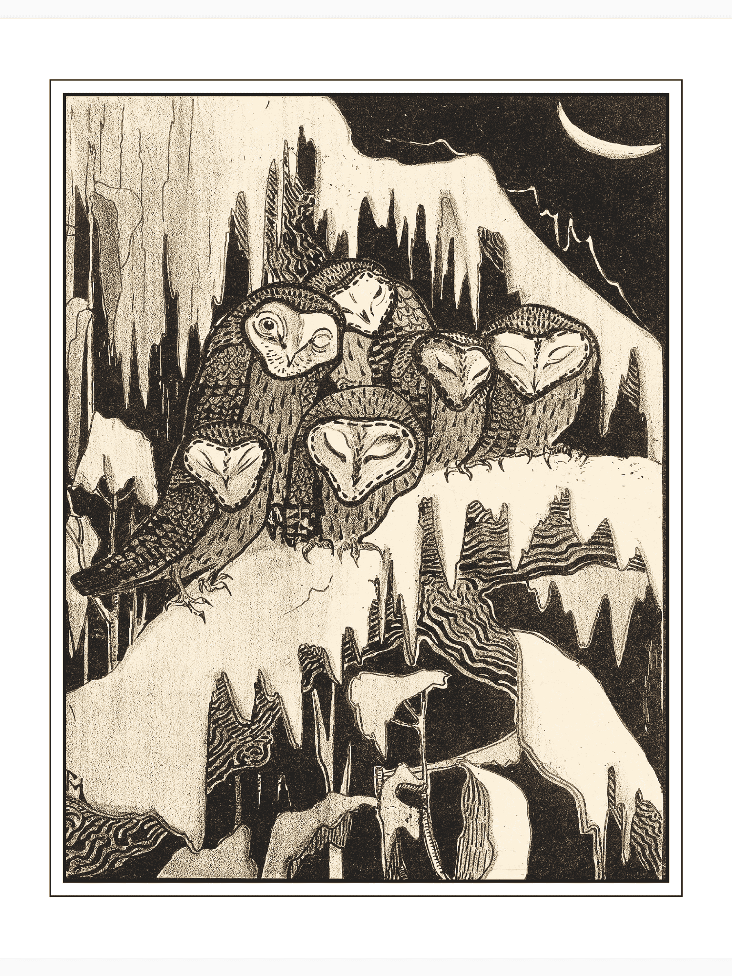 Bild på Zes kerkuilen slapend op besneeuwde takken