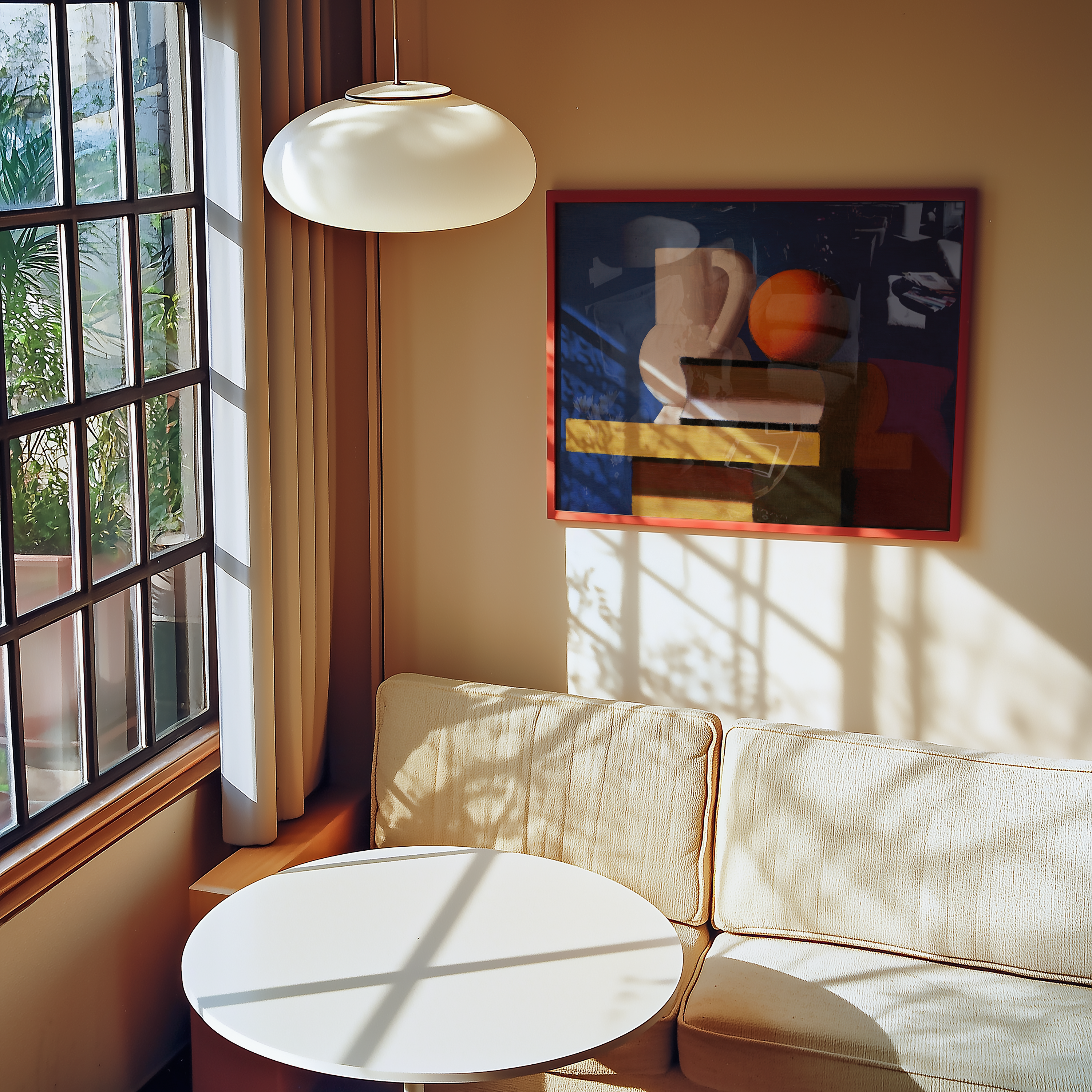 Bild på Arrangement with white jug, orange and book