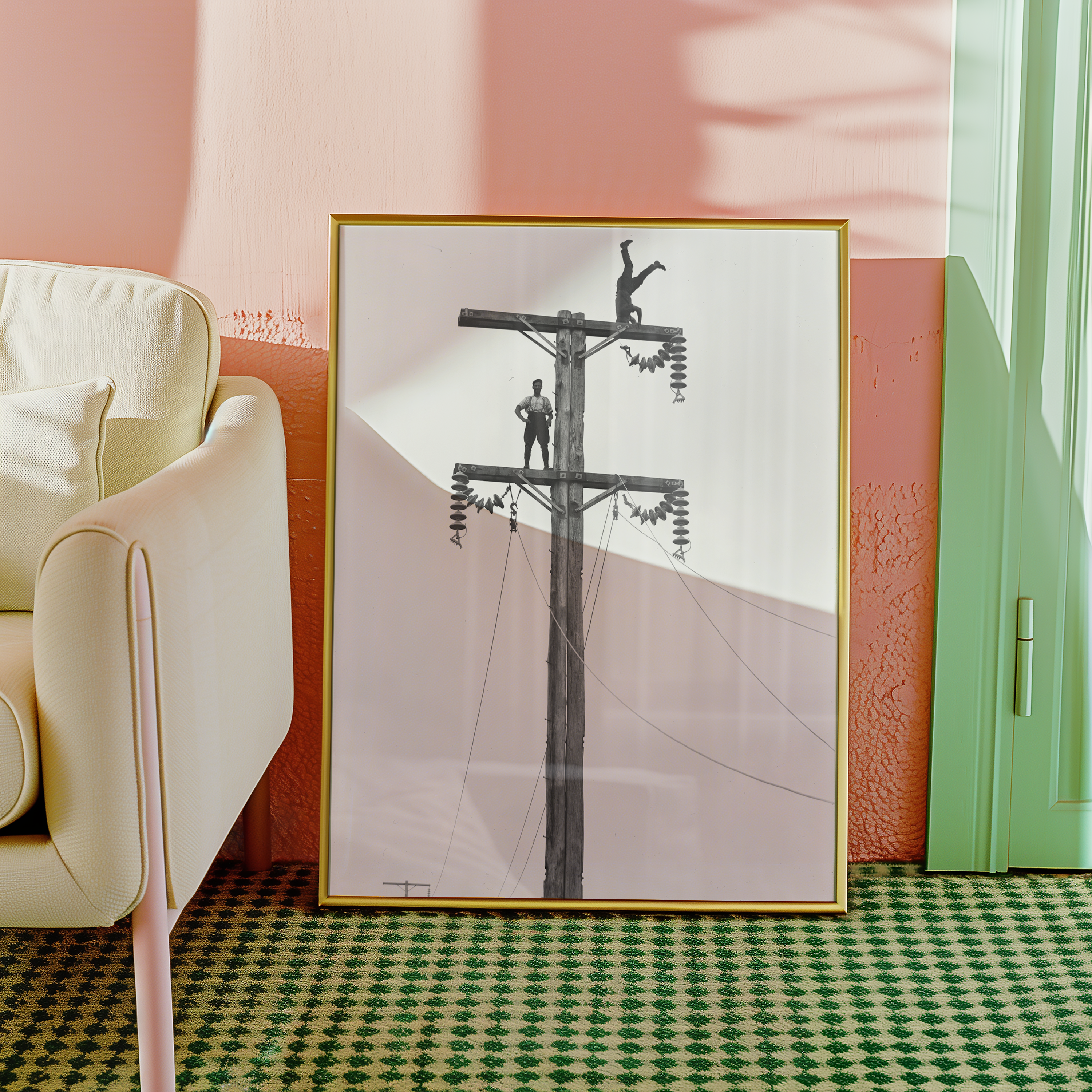 Bild på C. Cusack and mate on a Queen St, Levin transmission pole