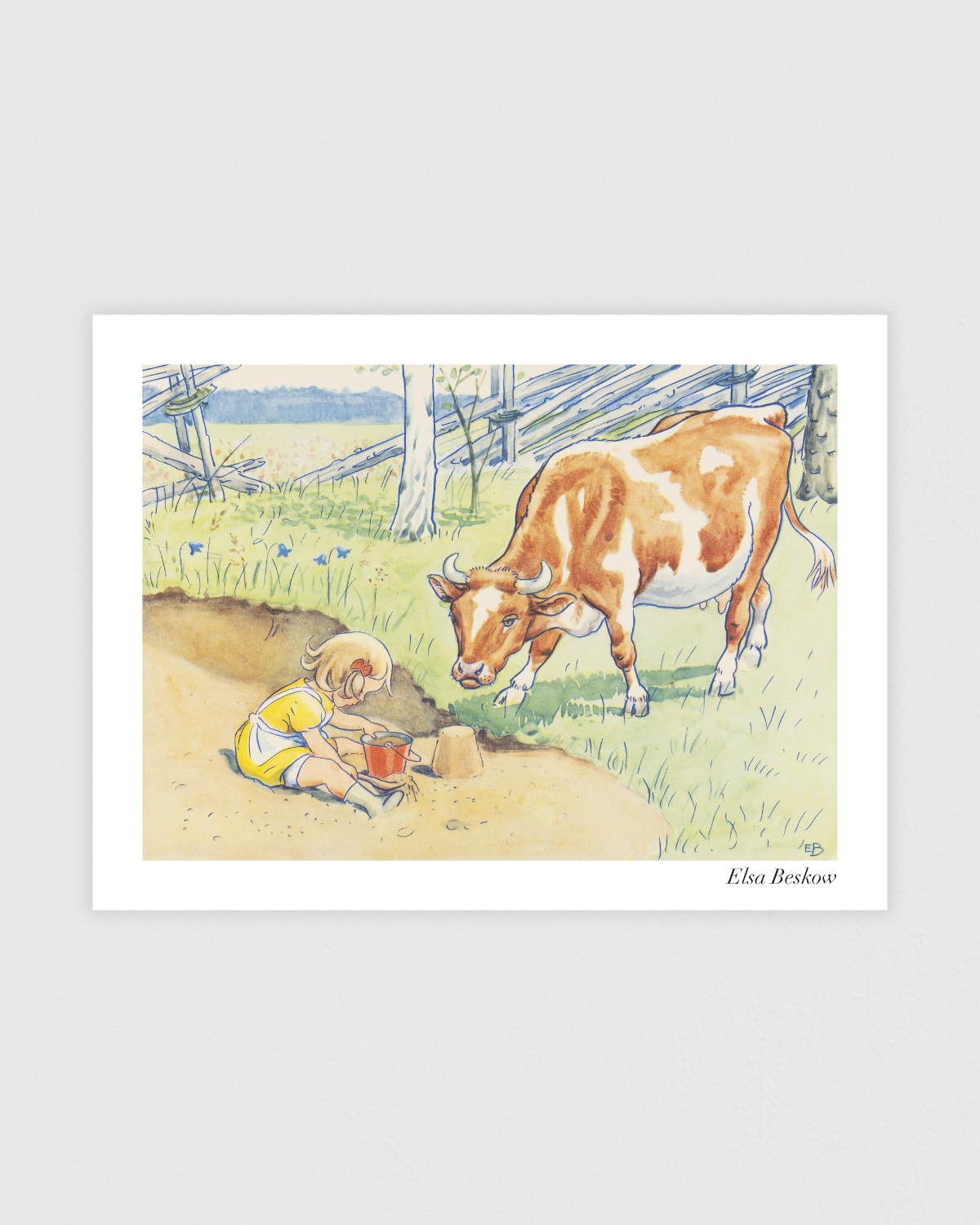 Vintage poster by Elsa Beskow with Majros making sand puddings on a warm summer day.