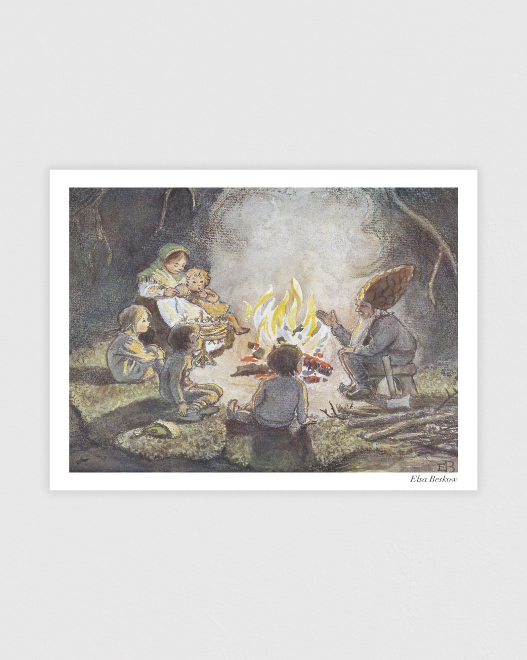 Vintage poster by Elsa Beskow showing a forest father telling stories to his children in a cozy woodland home.