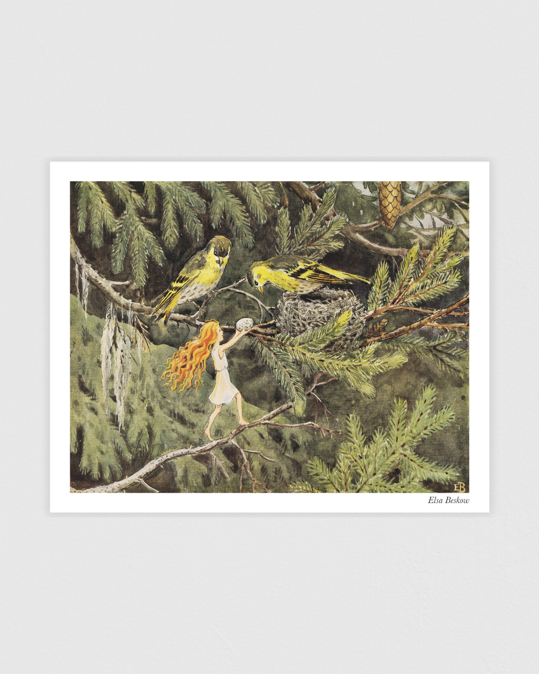 Vintage poster showing the fairy surrounded by little birds in a blooming forest, by Elsa Beskow.