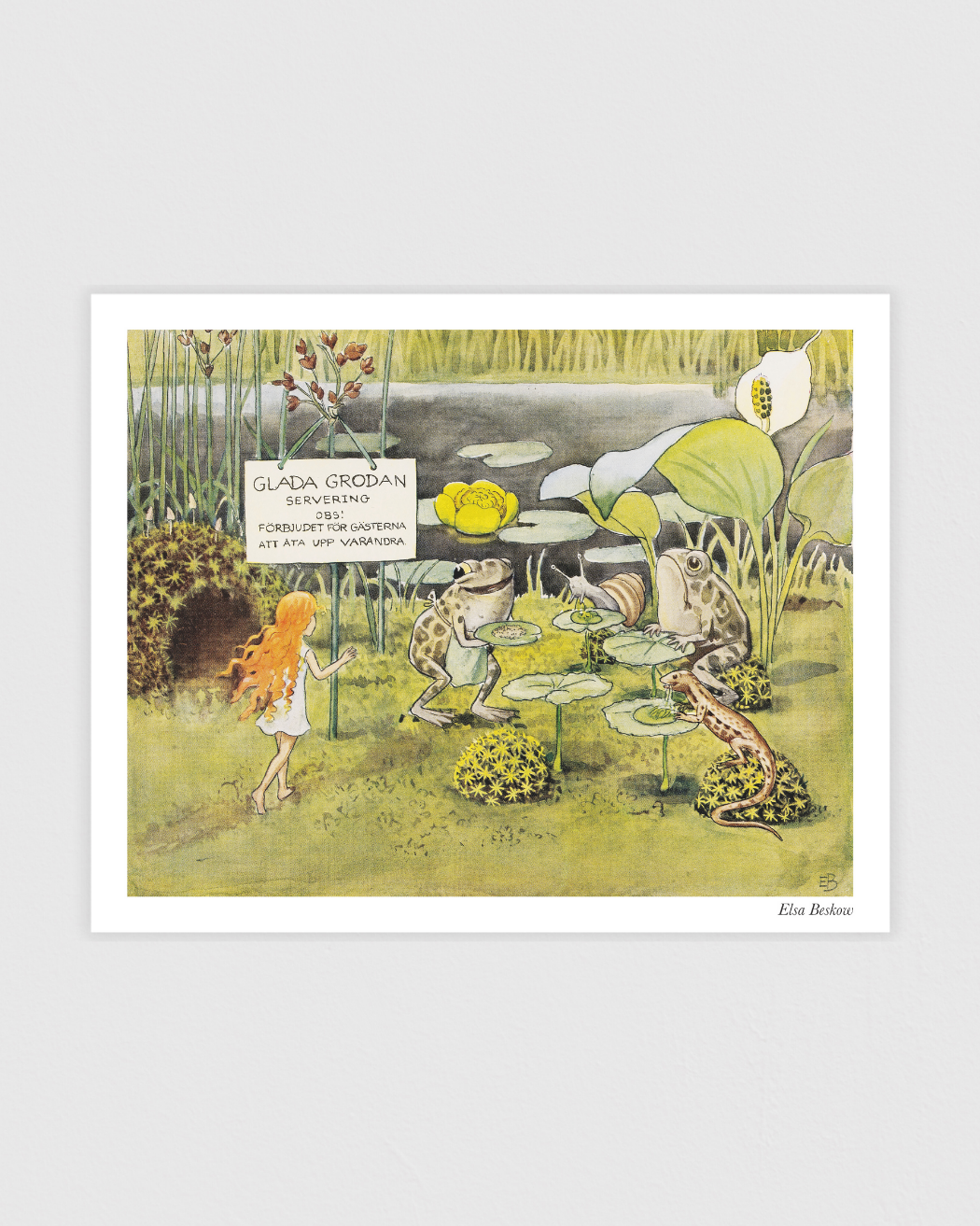 Vintage poster showing the happy frog by the pond, from Elsa Beskow’s magical story Solägget.