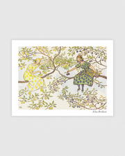 Vintage poster from Elsa Beskow’s Lasse-liten i Trädgården, with the Plum sisters illustrated in a garden setting.