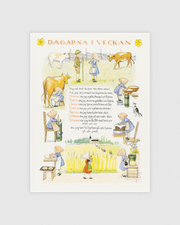 Vintage poster of the days of the week from Elsa Beskow’s Årets Saga, whimsical scenes for each weekday.