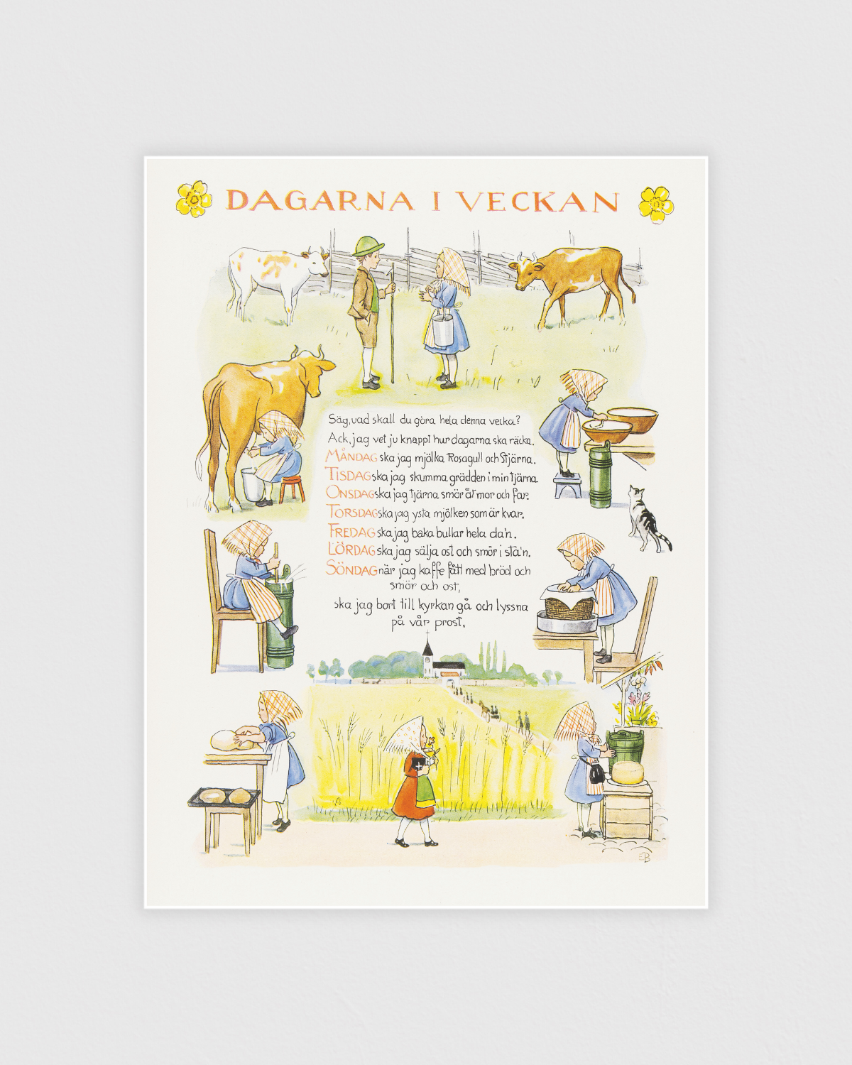 Vintage poster of the days of the week from Elsa Beskow’s Årets Saga, whimsical scenes for each weekday.