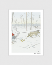 Vintage poster showing Farbror Rimfrost with a reindeer, from Elsa Beskow’s wintry adventure.