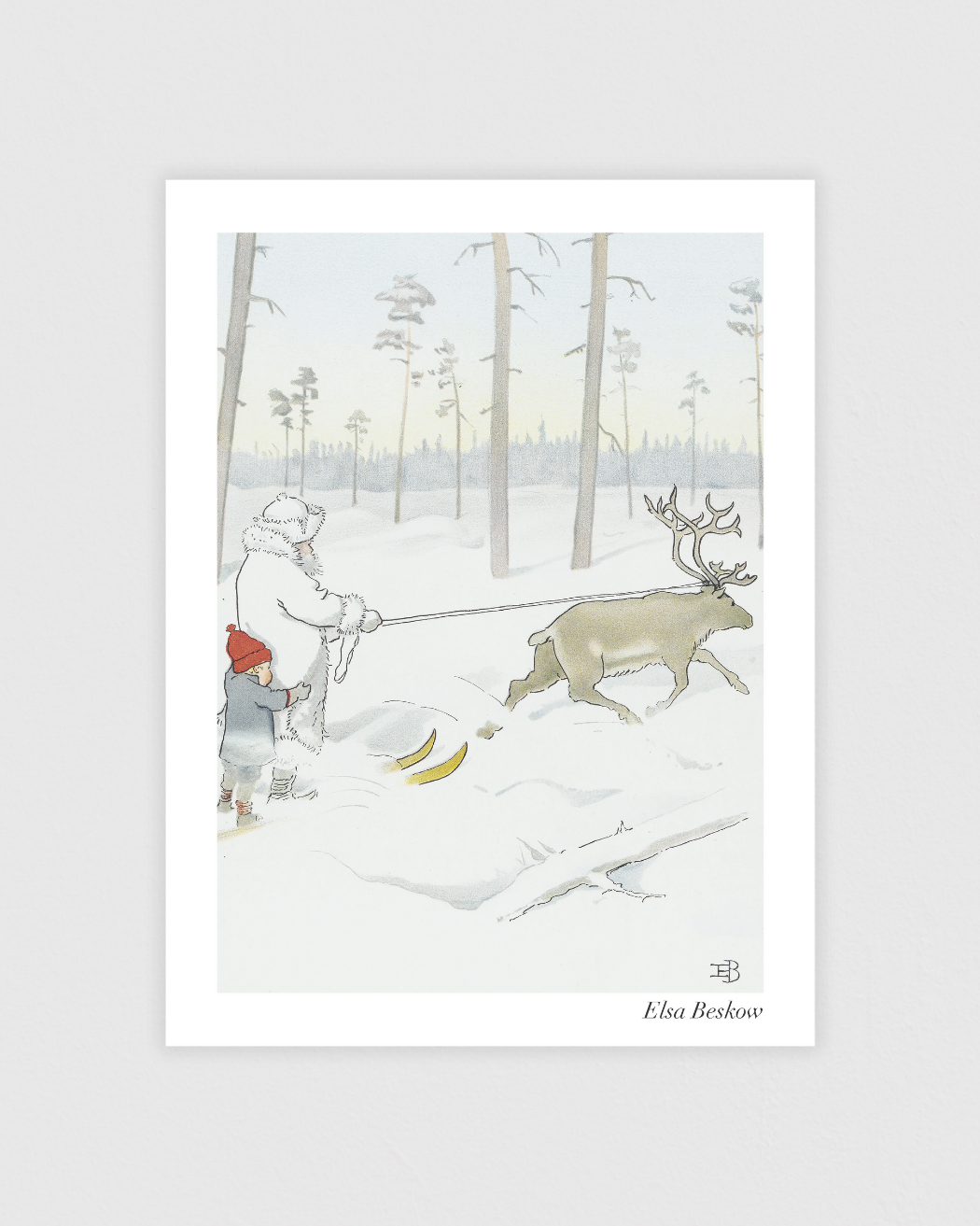 Vintage poster showing Farbror Rimfrost with a reindeer, from Elsa Beskow’s wintry adventure.