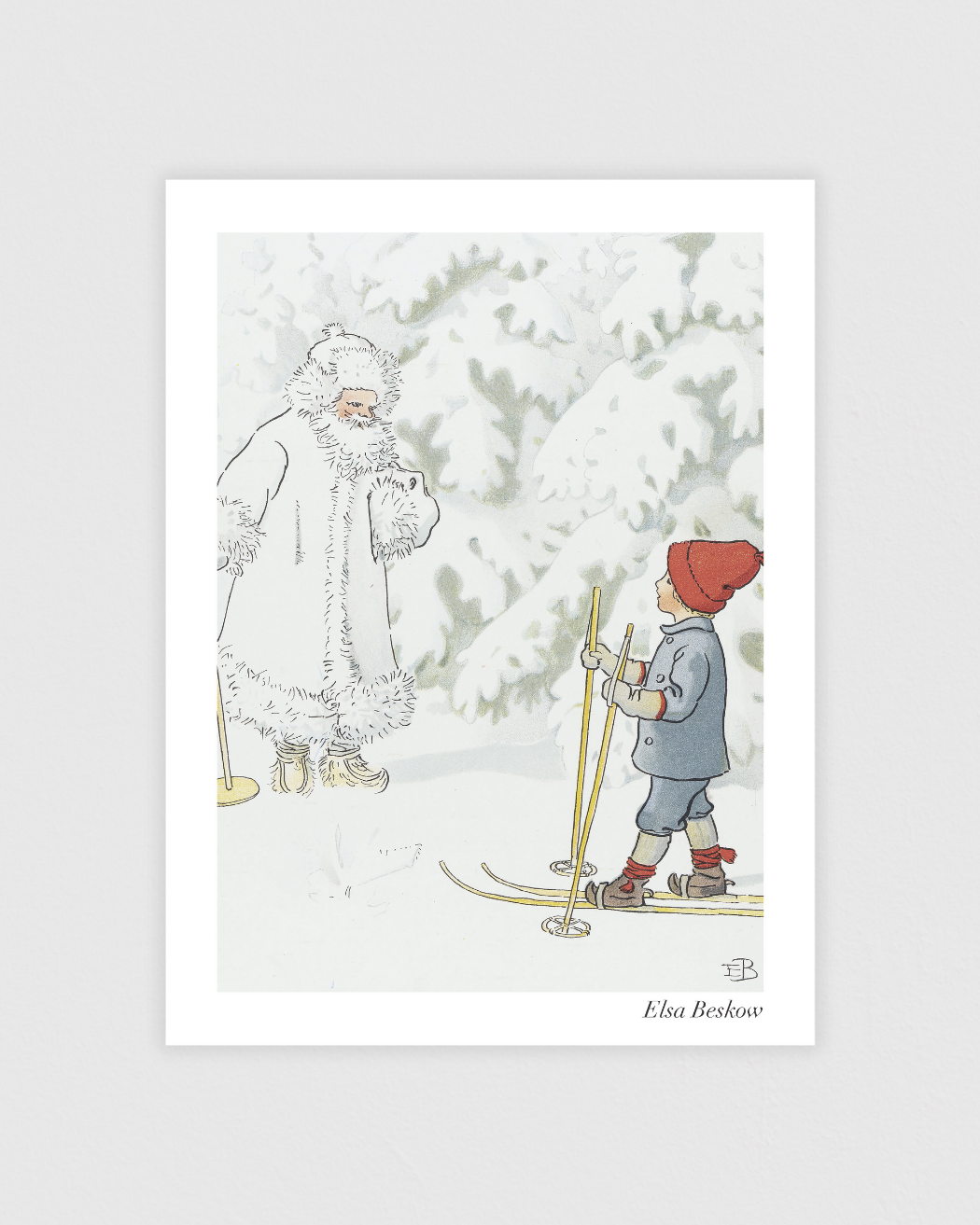 Vintage poster with Olle meeting Farbror Rimfrost among frosty trees, from Elsa Beskow’s winter tale.