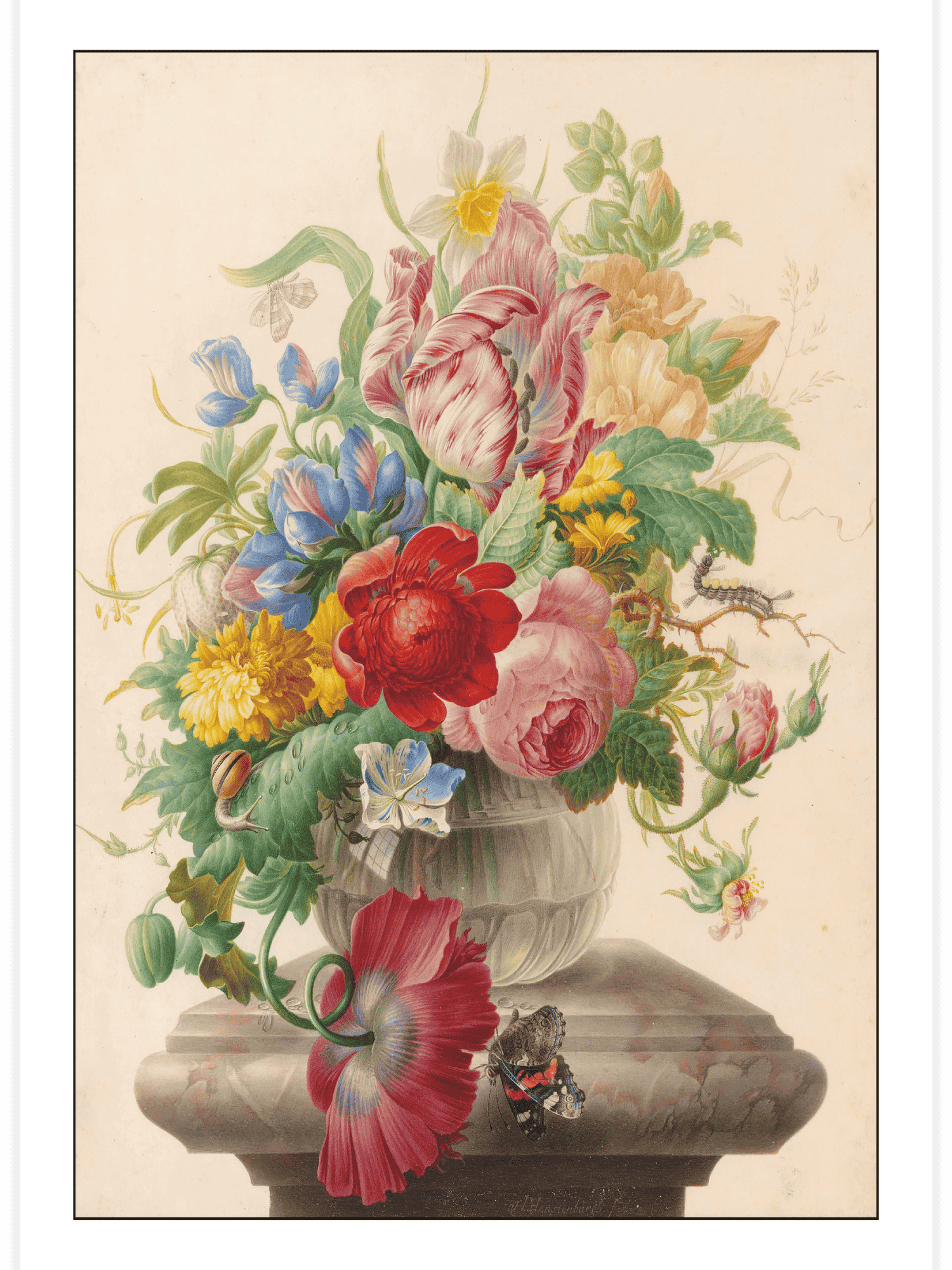 Flowers in a Glass Vase with a Butterfly